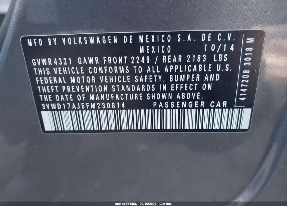 2015 VOLKSWAGEN JETTA 1.8T SE VIN: 3VWD17AJ5FM230814