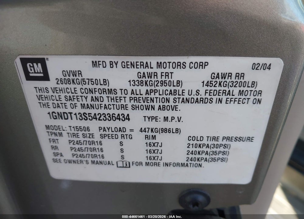 2004 CHEVROLET TRAILBLAZER LT VIN: 1GNDT13S542336434