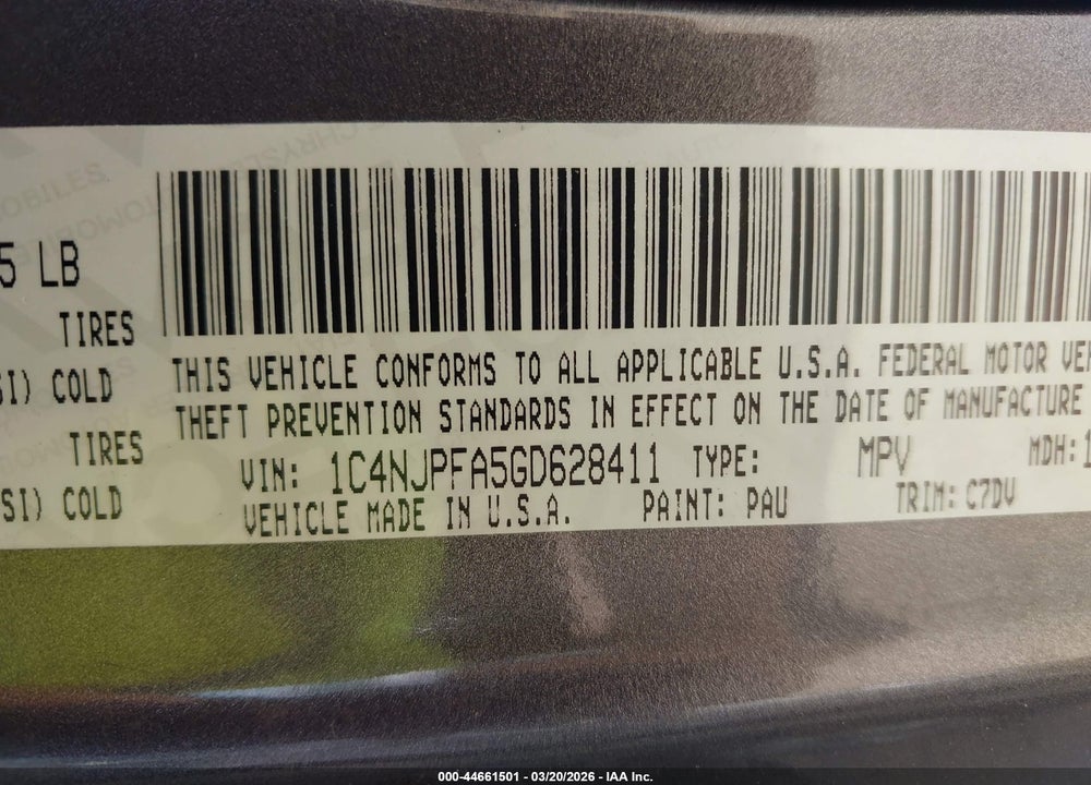 2016 JEEP PATRIOT LATITUDE VIN: 1C4NJPFA5GD628411