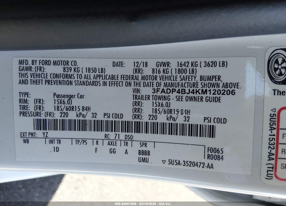 2019 FORD FIESTA SE VIN: 3FADP4BJ4KM120206