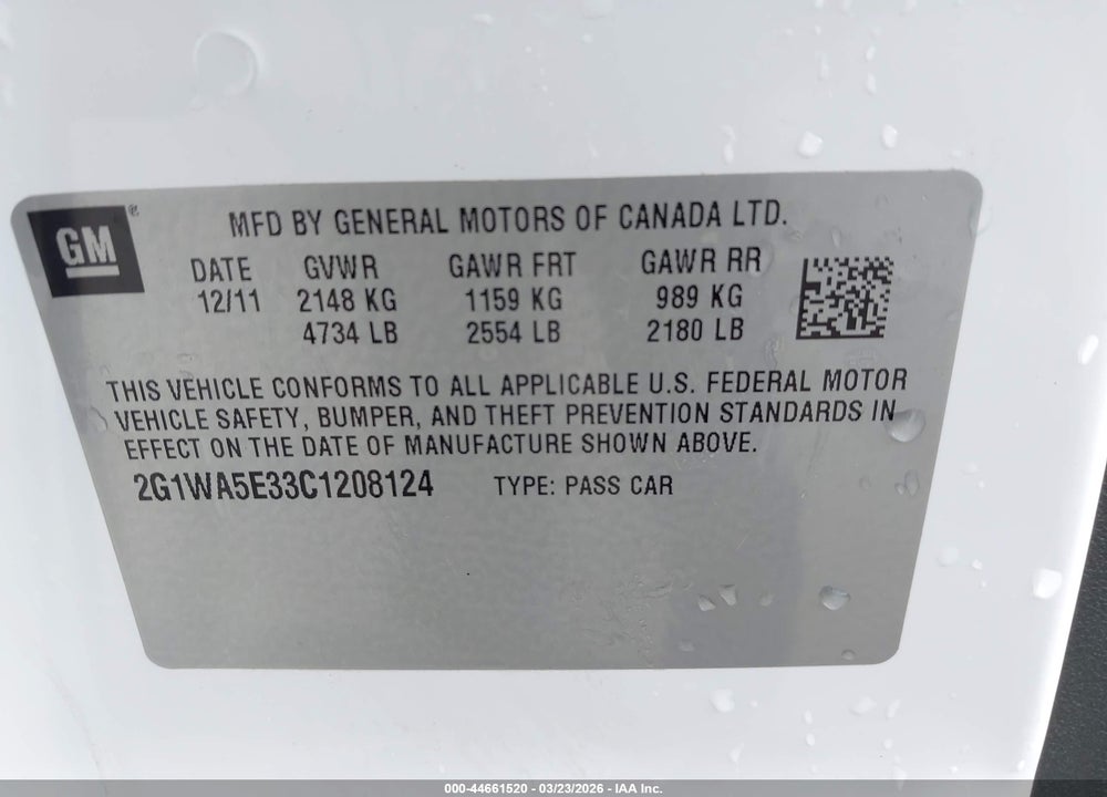 2012 CHEVROLET IMPALA LS VIN: 2G1WA5E33C1208124
