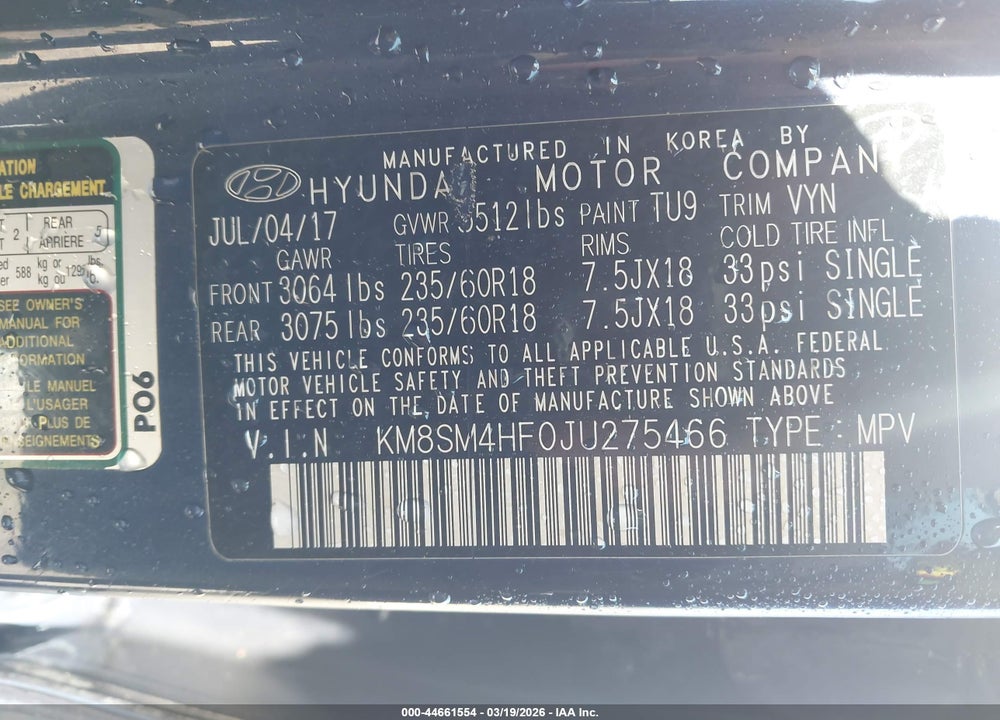 2018 HYUNDAI SANTA FE SE VIN: KM8SM4HF0JU275466