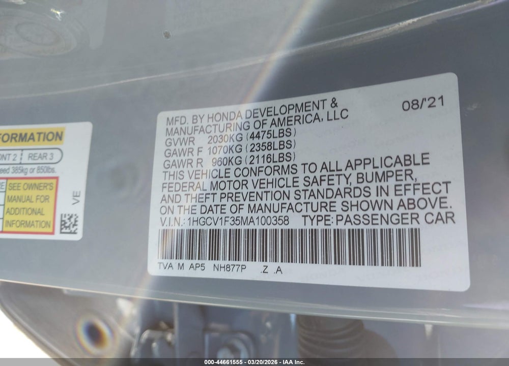 2021 HONDA ACCORD SPORT VIN: 1HGCV1F35MA100358