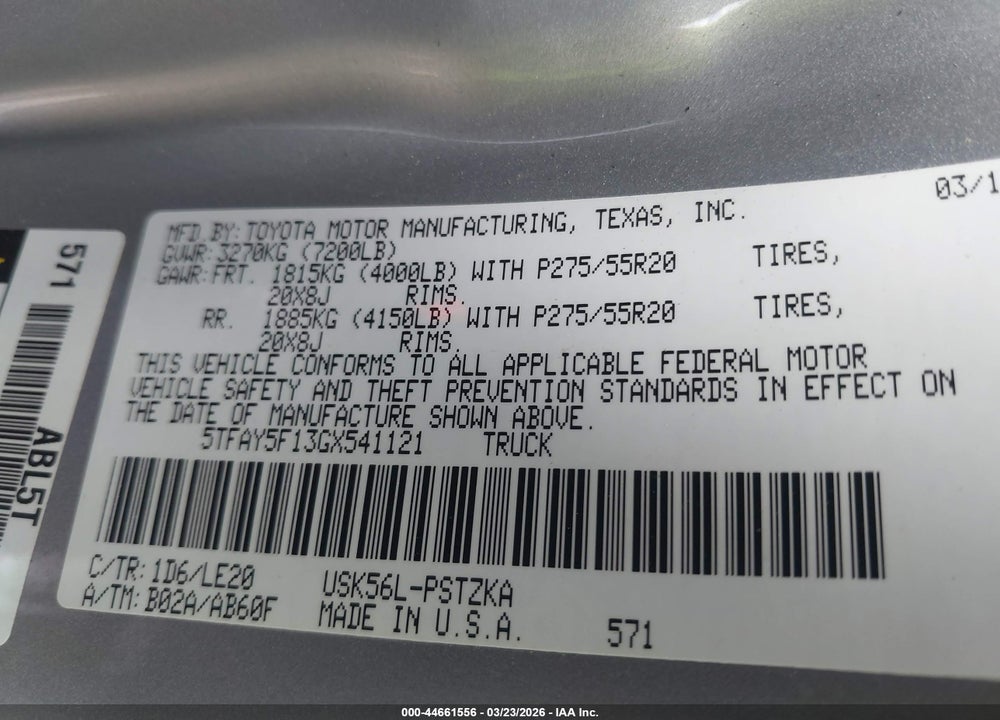 2016 TOYOTA TUNDRA PLATINUM 5.7L V8 VIN: 5TFAY5F13GX541121