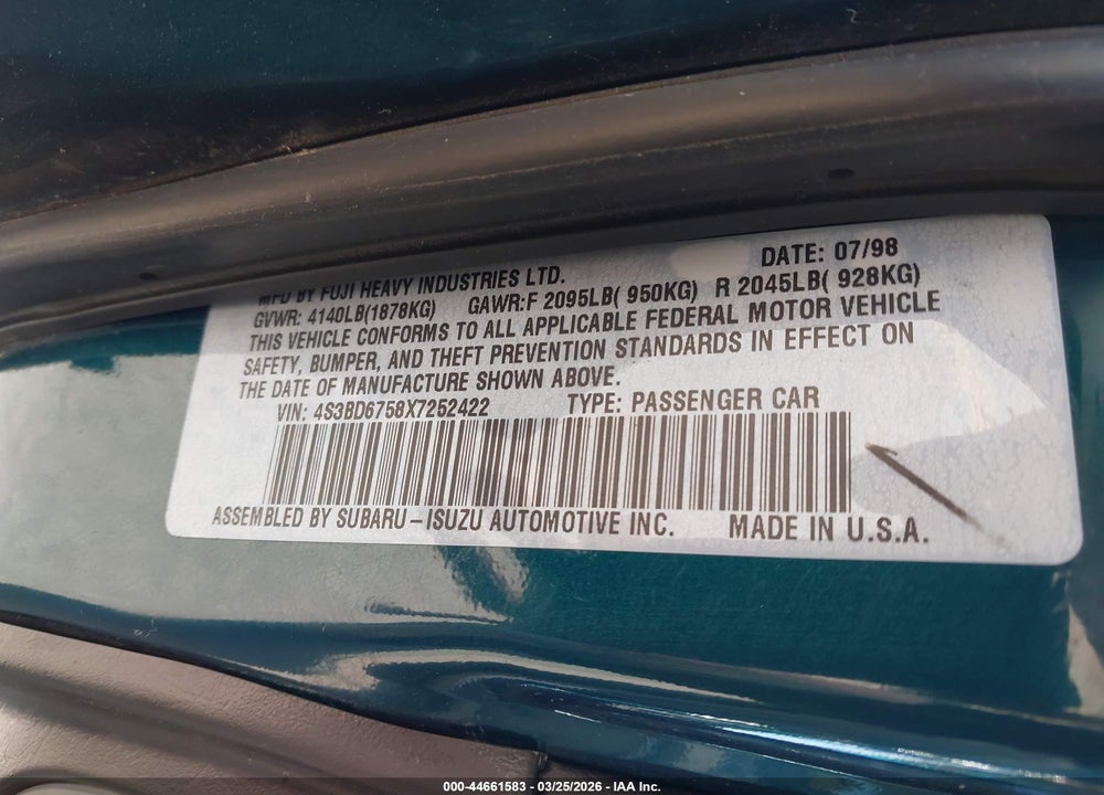 1999 SUBARU LEGACY 2.5GT/30TH ANN. 2.5 GT LTD. VIN: 4S3BD6758X7252422