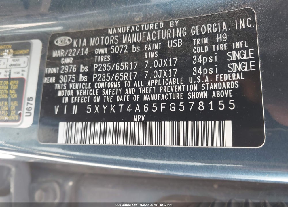 2015 KIA SORENTO LX VIN: 5XYKT4A65FG578155