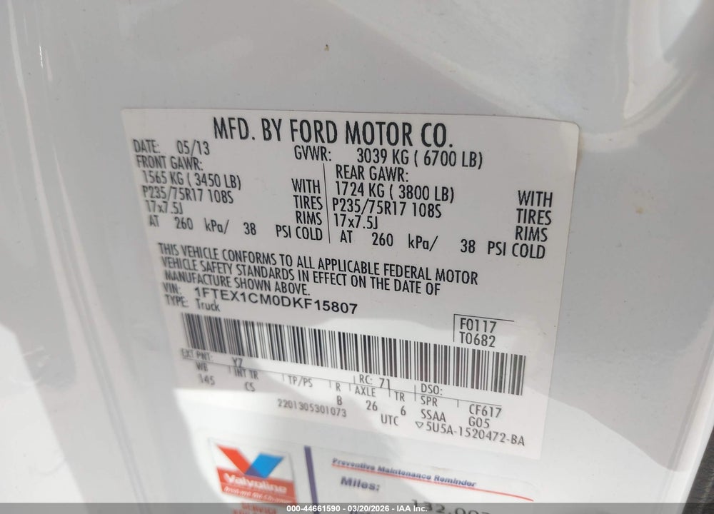 2013 FORD F-150 XL VIN: 1FTEX1CM0DKF15807