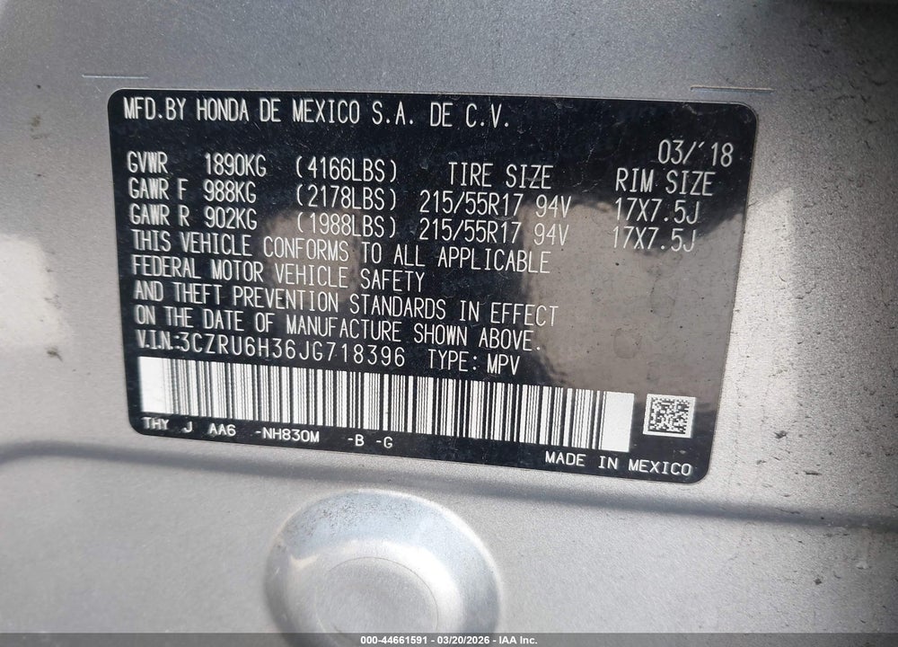 2018 HONDA HR-V LX VIN: 3CZRU6H36JG718396