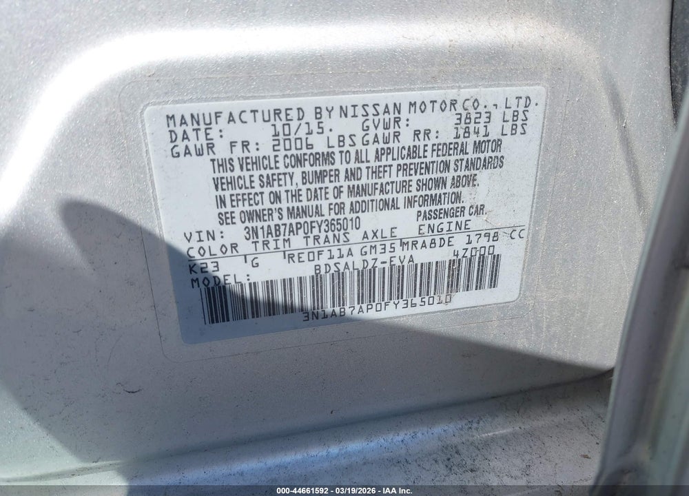 2015 NISSAN SENTRA SV VIN: 3N1AB7AP0FY365010