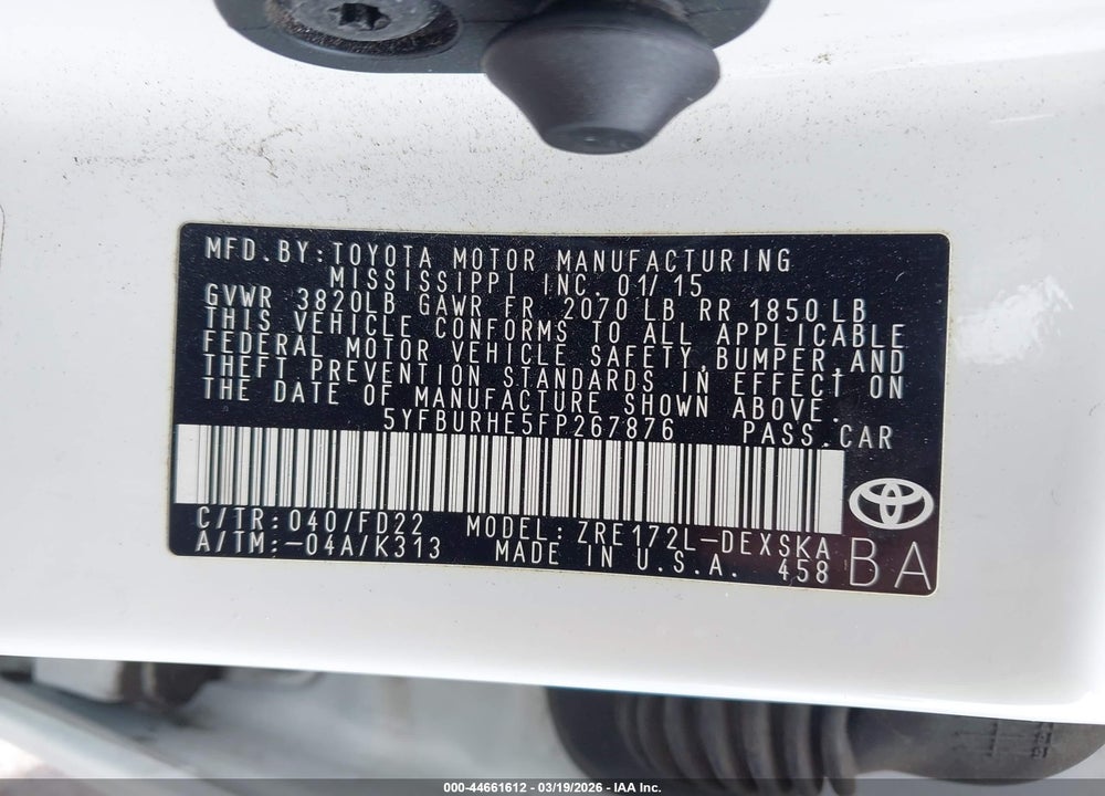 2015 TOYOTA COROLLA S/S PLUS/S PREMIUM VIN: 5YFBURHE5FP267876