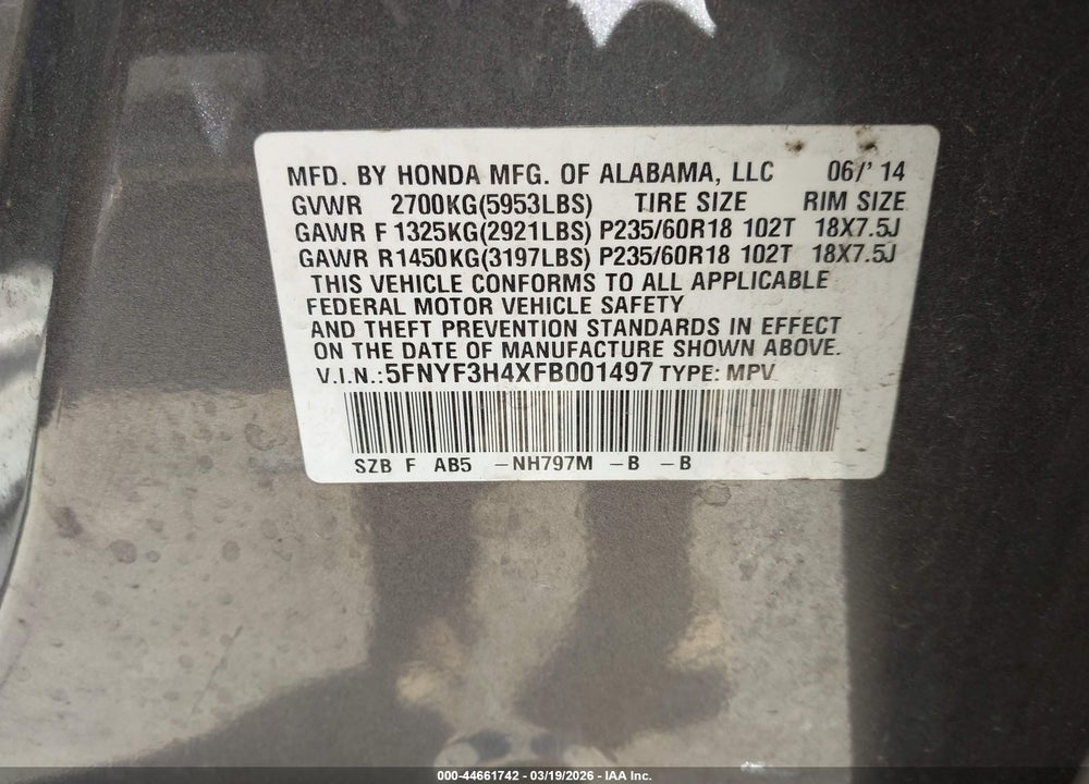 2015 HONDA PILOT EX VIN: 5FNYF3H4XFB001497