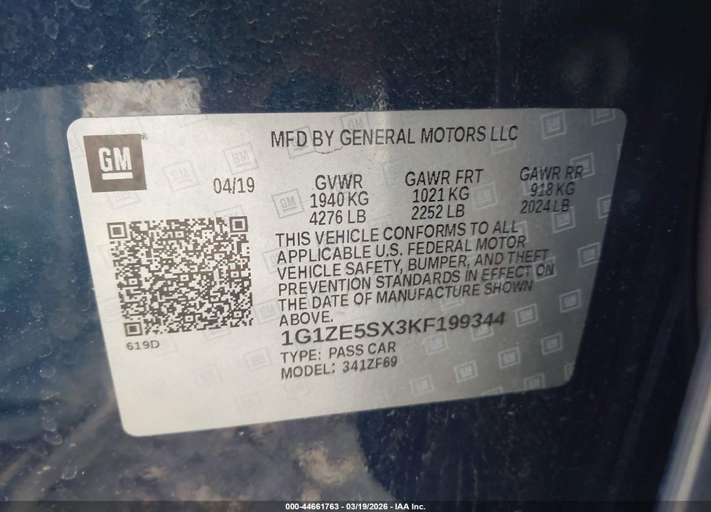 2019 CHEVROLET MALIBU PREMIER VIN: 1G1ZE5SX3KF199344