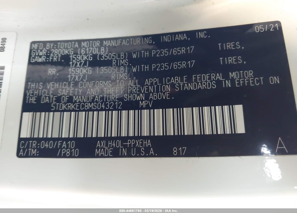 2021 TOYOTA SIENNA LE VIN: 5TDKRKEC8MS043212