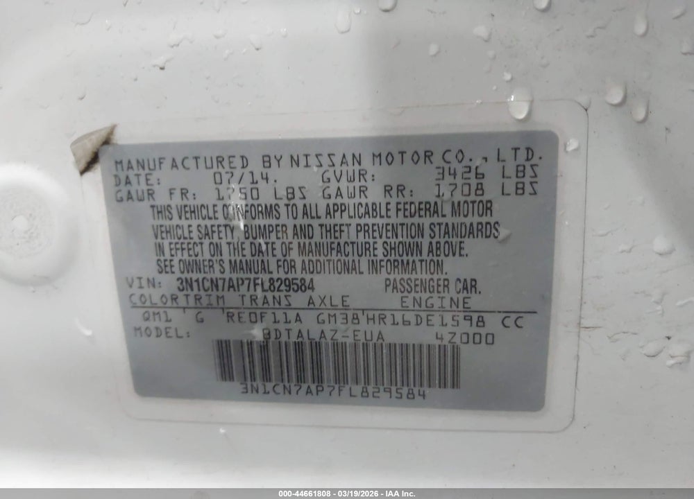 2015 NISSAN VERSA 1.6 S+ VIN: 3N1CN7AP7FL829584