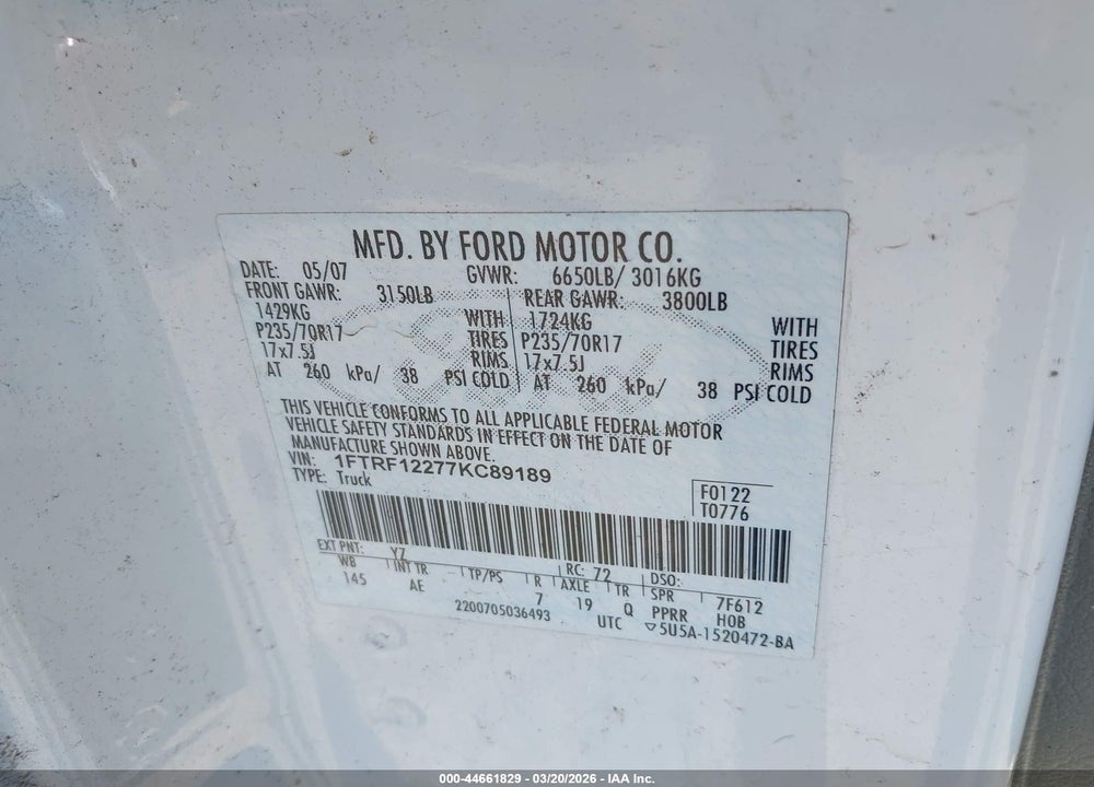 2007 FORD F-150 STX/XL/XLT VIN: 1FTRF12277KC89189