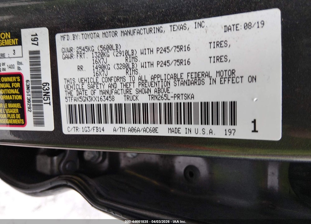 2019 TOYOTA TACOMA SR VIN: 5TFAX5GN3KX163458