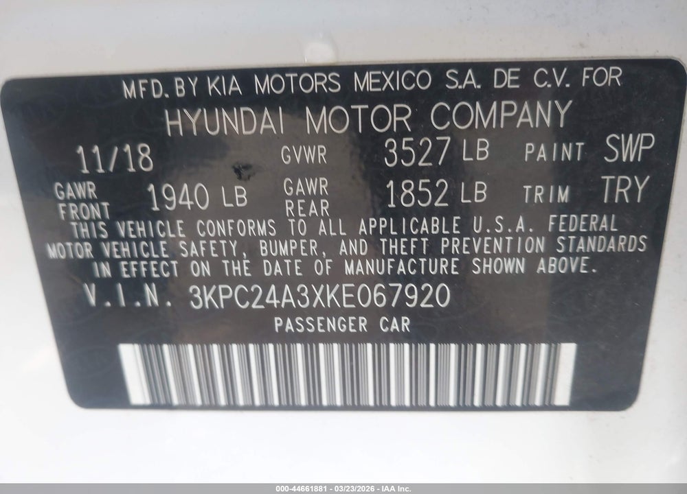2019 HYUNDAI ACCENT SE VIN: 3KPC24A3XKE067920