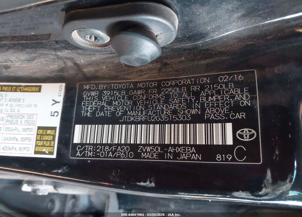 2016 TOYOTA PRIUS TWO VIN: JTDKBRFU2G3515303