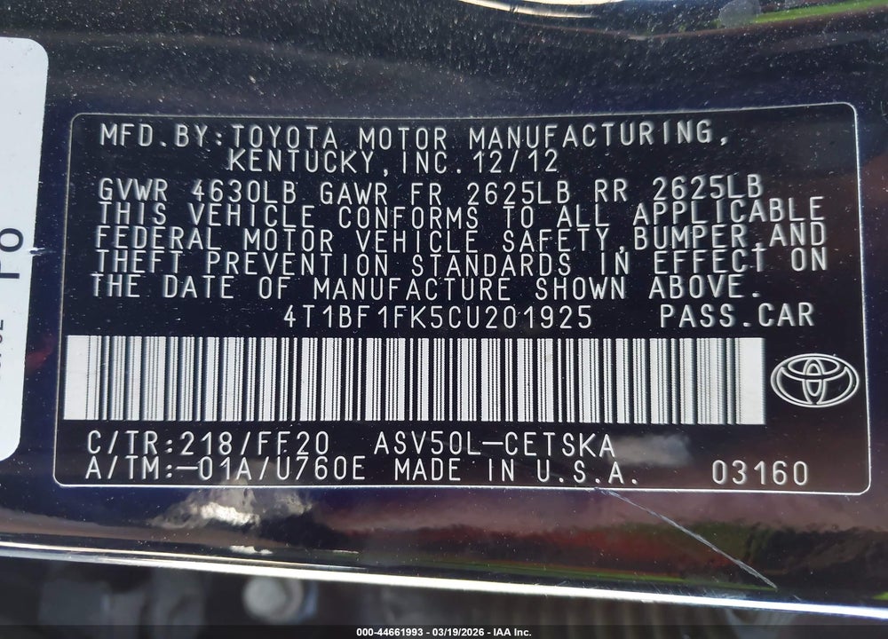 2012 TOYOTA CAMRY SE LIMITED EDITION VIN: 4T1BF1FK5CU201925