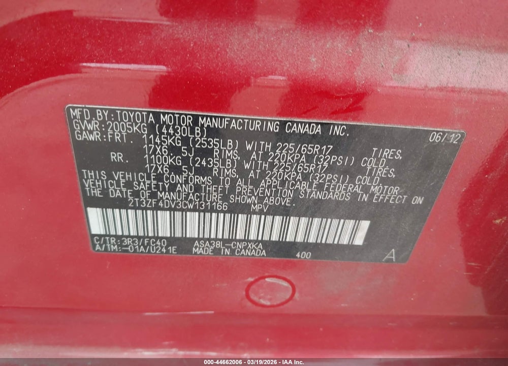 2012 TOYOTA RAV4 VIN: 2T3ZF4DV3CW131166