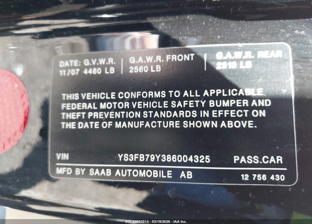 2008 SAAB 9-3 2.0T VIN: YS3FB79Y386004325