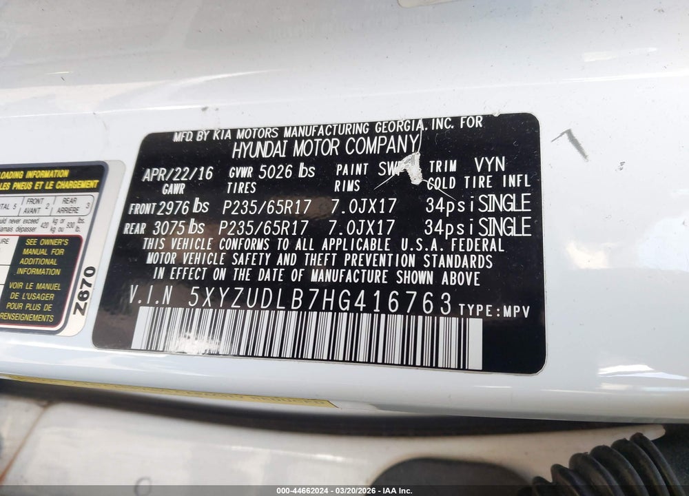 2017 HYUNDAI SANTA FE SPORT 2.4L VIN: 5XYZUDLB7HG416763