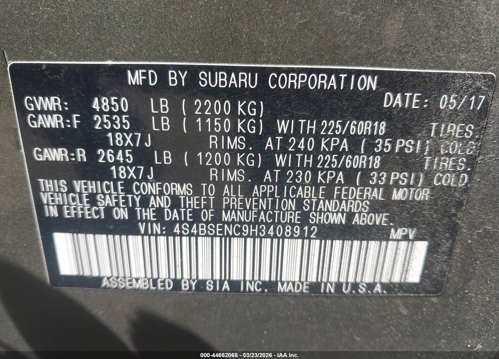 2017 SUBARU OUTBACK 3.6R LIMITED VIN: 4S4BSENC9H3408912