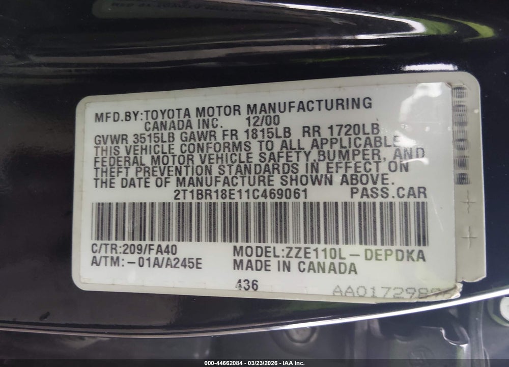 2001 TOYOTA COROLLA LE VIN: 2T1BR18E11C469061
