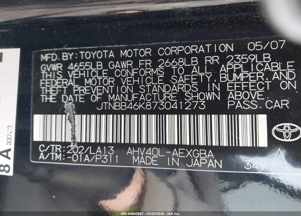 2007 TOYOTA CAMRY HYBRID VIN: JTNBB46K873041273