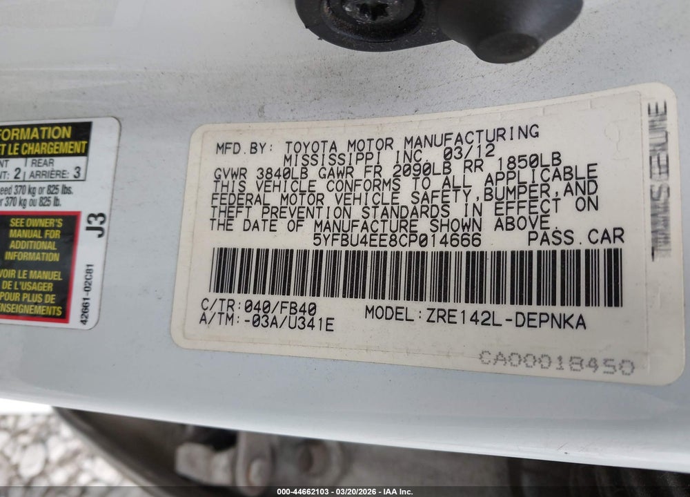 2012 TOYOTA COROLLA LE VIN: 5YFBU4EE8CP014666