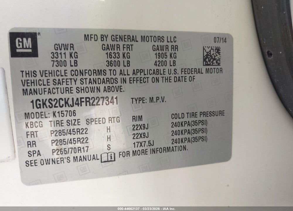 2015 GMC YUKON DENALI VIN: 1GKS2CKJ4FR227341