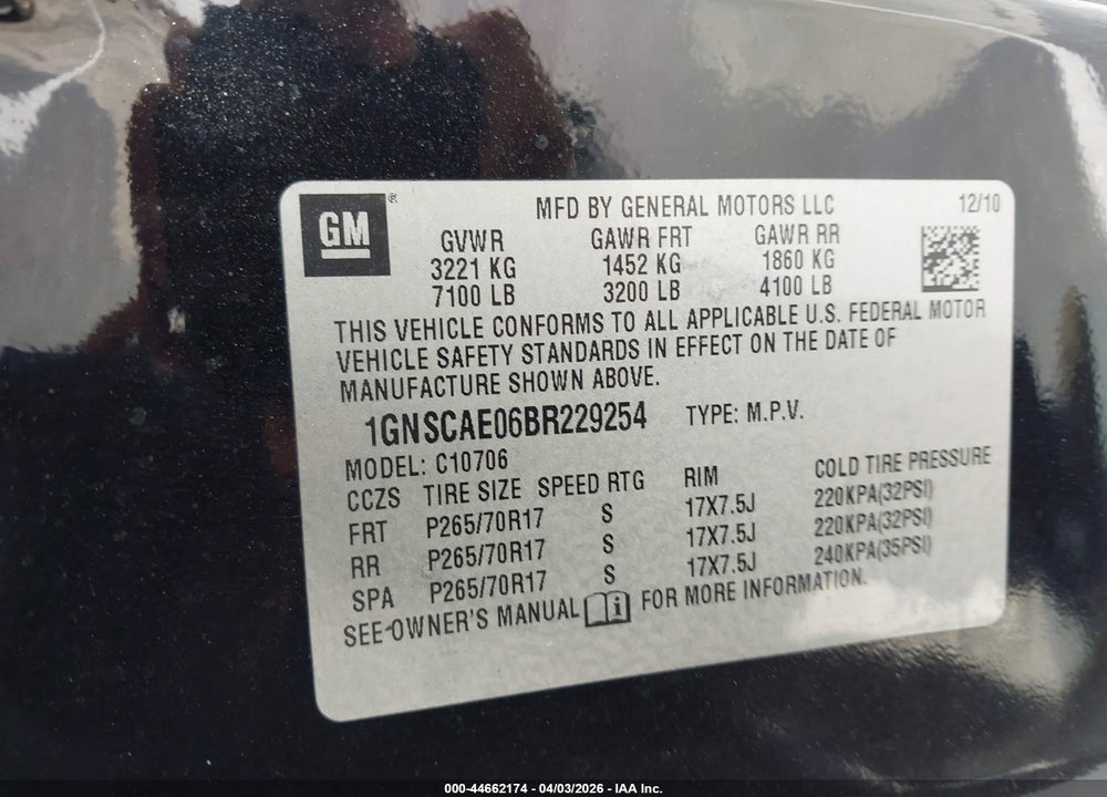 2011 CHEVROLET TAHOE LS VIN: 1GNSCAE06BR229254