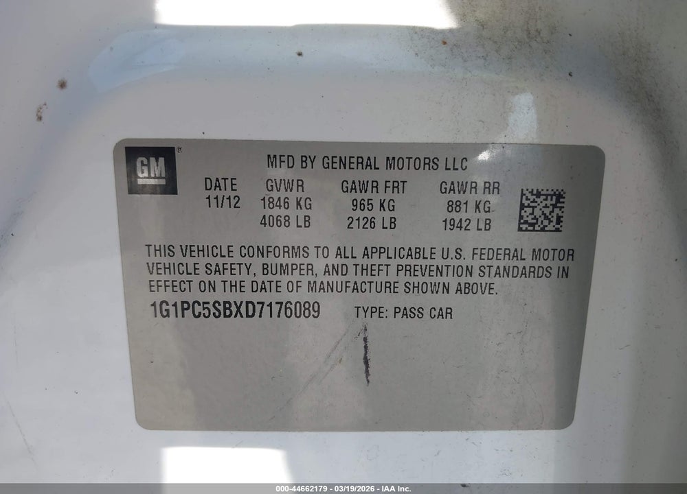 2013 CHEVROLET CRUZE 1LT AUTO VIN: 1G1PC5SBXD7176089