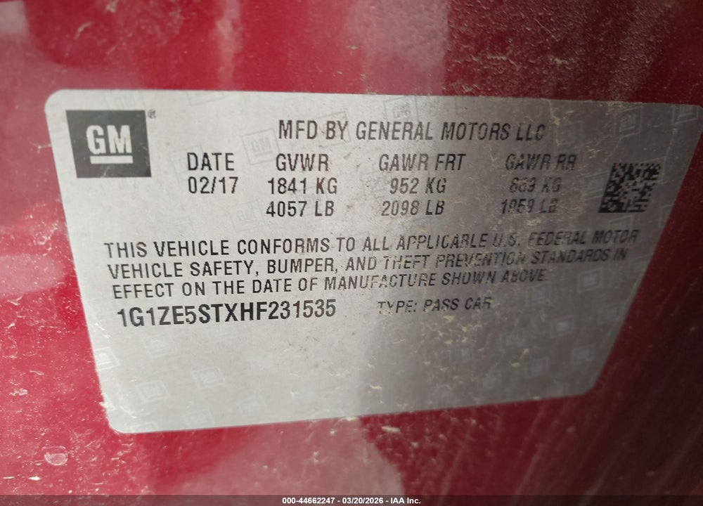 2017 CHEVROLET MALIBU 1LT VIN: 1G1ZE5STXHF231535