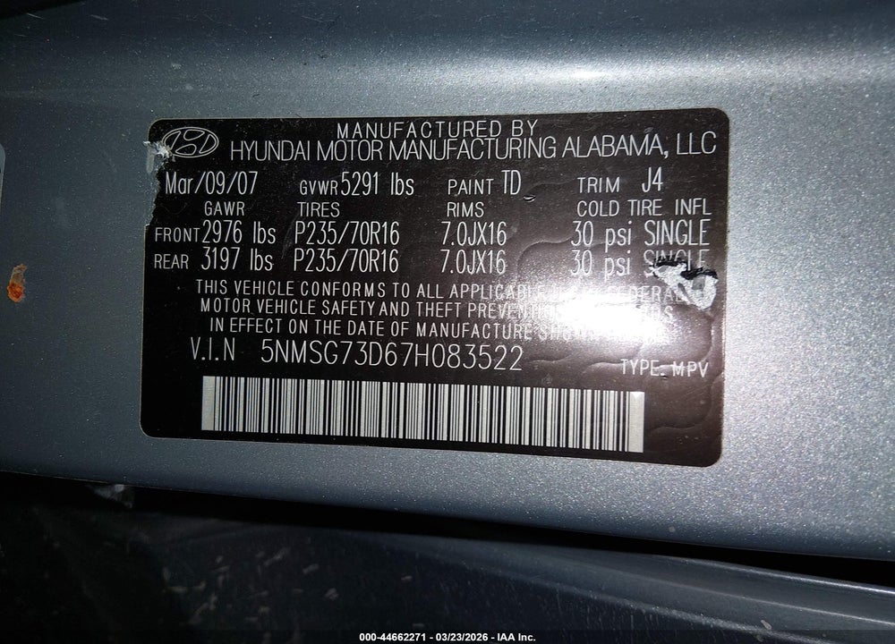 2007 HYUNDAI SANTA FE GLS VIN: 5NMSG73D67H083522