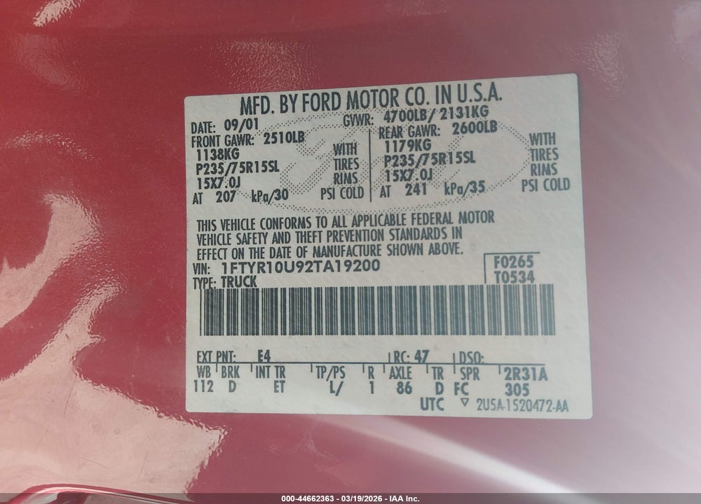 2002 FORD RANGER EDGE/XL/XLT VIN: 1FTYR10U92TA19200