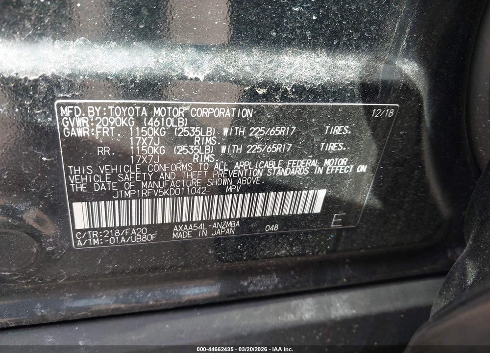 2019 TOYOTA RAV4 XLE VIN: JTMP1RFV5KD011042