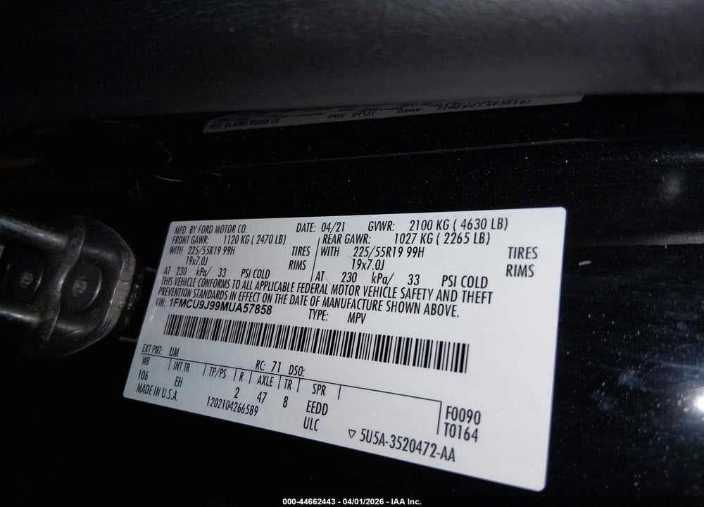 2021 FORD ESCAPE TITANIUM VIN: 1FMCU9J99MUA57858