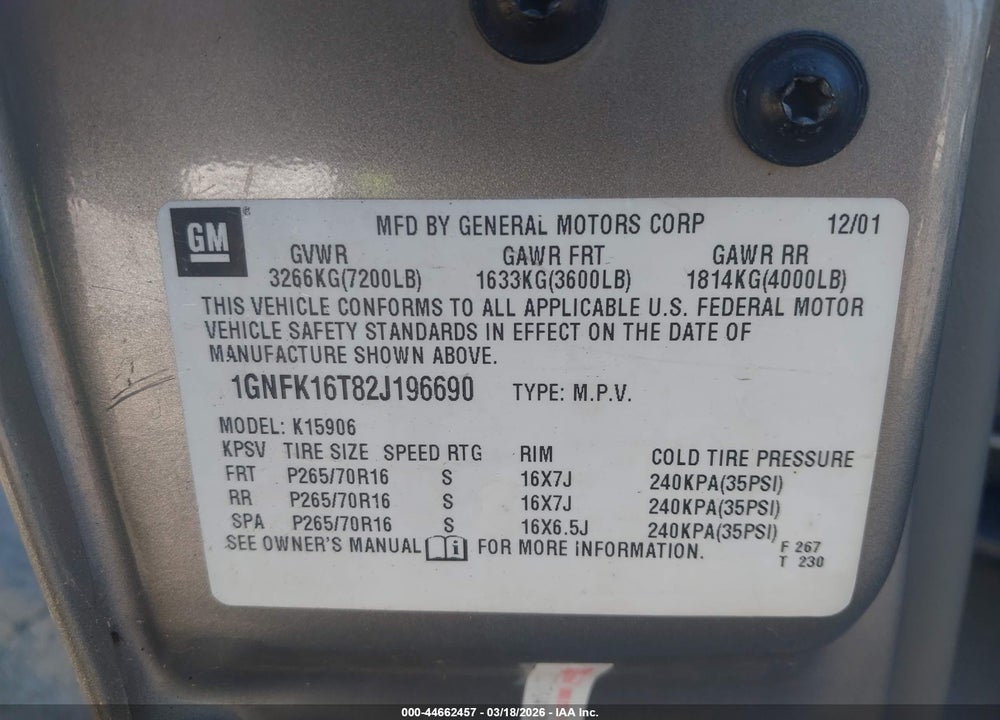 2002 CHEVROLET SUBURBAN 1500 LT VIN: 1GNFK16T82J196690