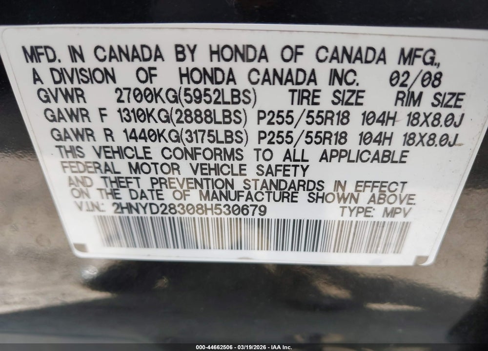 2008 ACURA MDX TECHNOLOGY PACKAGE VIN: 2HNYD28308H530679