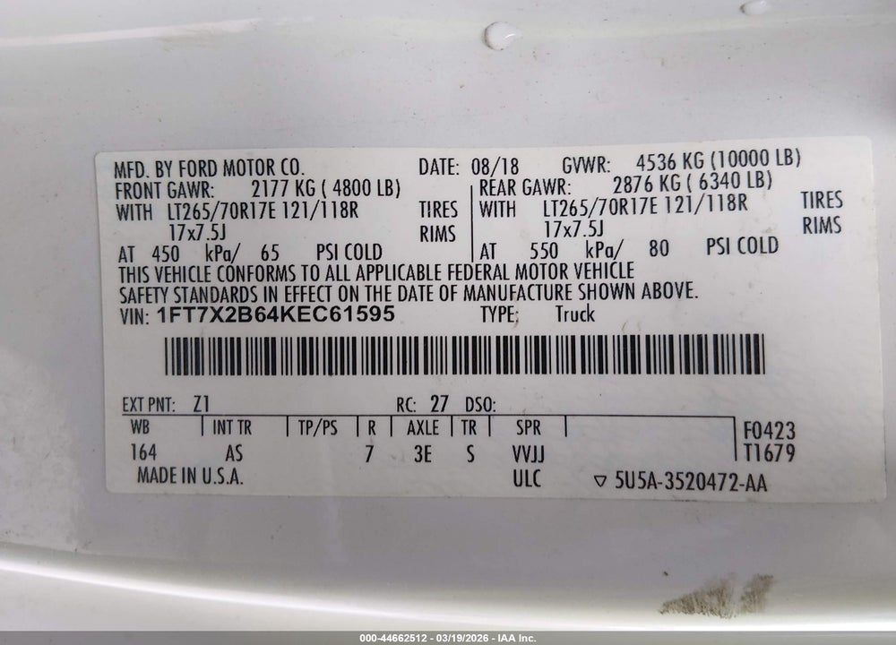 2019 FORD F-250 XL VIN: 1FT7X2B64KEC61595