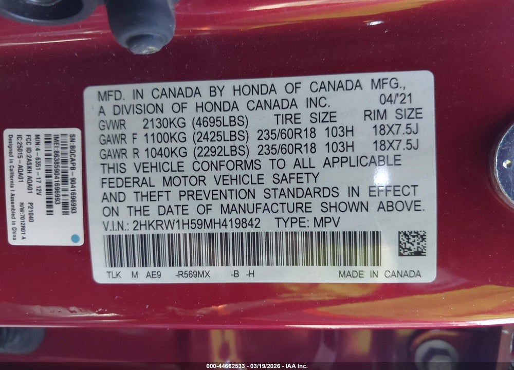 2021 HONDA CR-V 2WD EX VIN: 2HKRW1H59MH419842