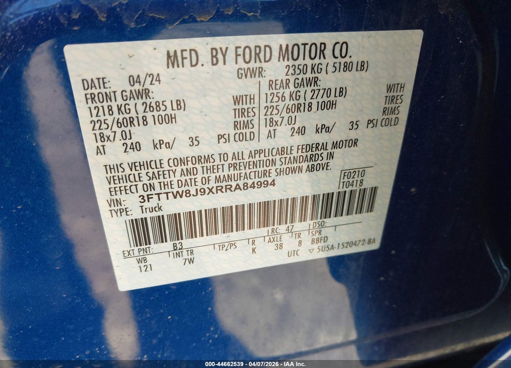 2024 FORD MAVERICK XLT VIN: 3FTTW8J9XRRA84994
