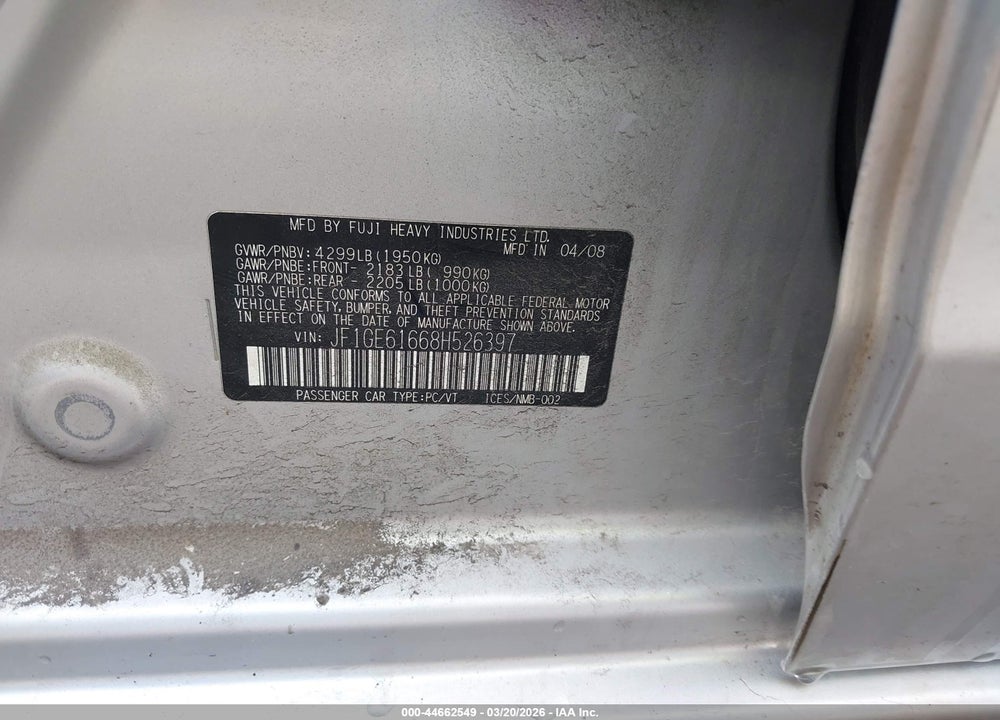 2008 SUBARU IMPREZA 2.5I VIN: JF1GE61668H526397