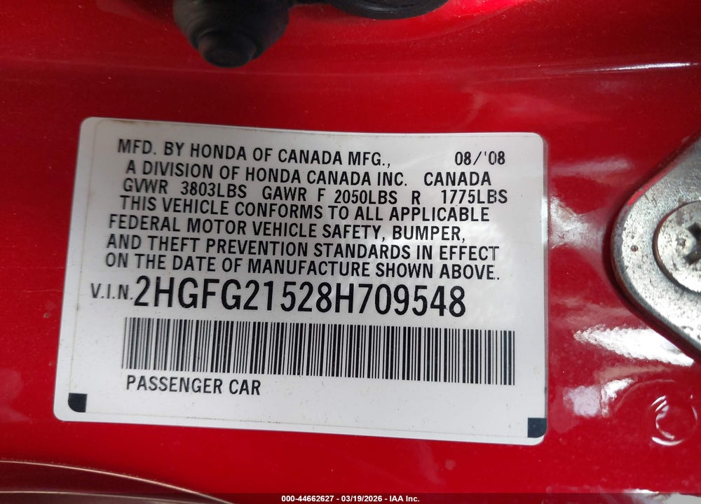 2008 HONDA CIVIC SI VIN: 2HGFG21528H709548