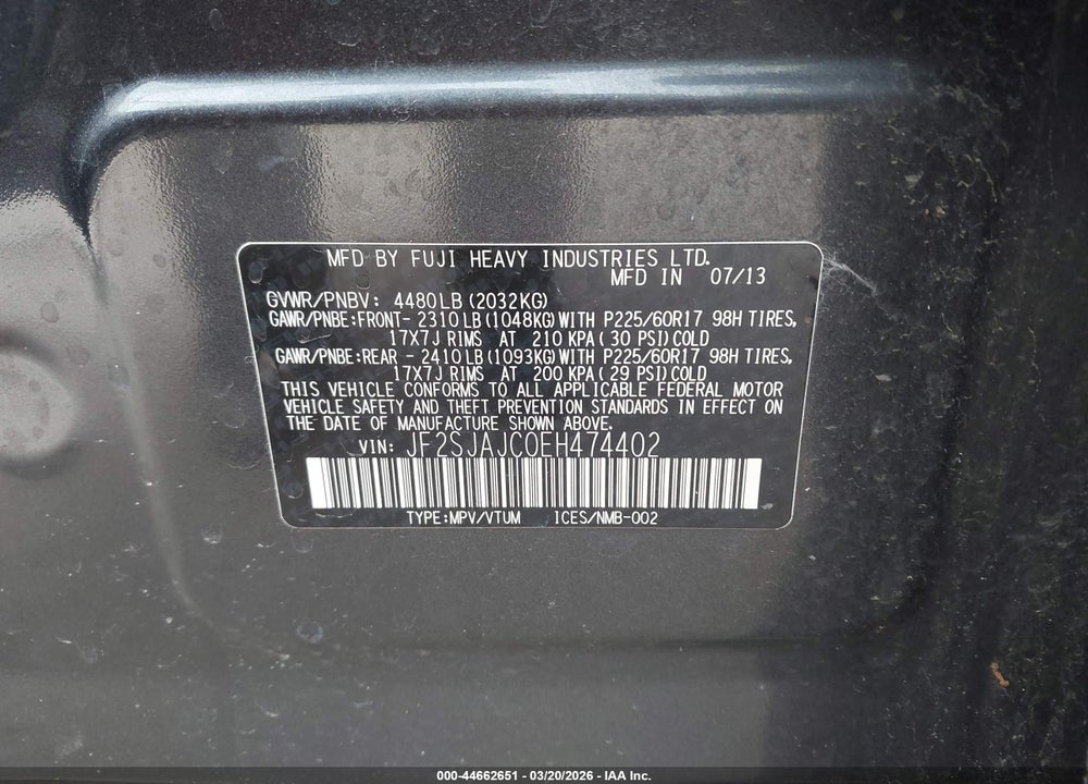 2014 SUBARU FORESTER 2.5I LIMITED VIN: JF2SJAJC0EH474402