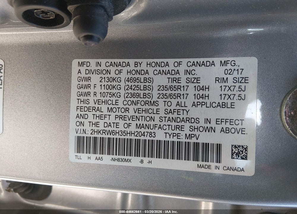 2017 HONDA CR-V LX VIN: 2HKRW6H35HH204783