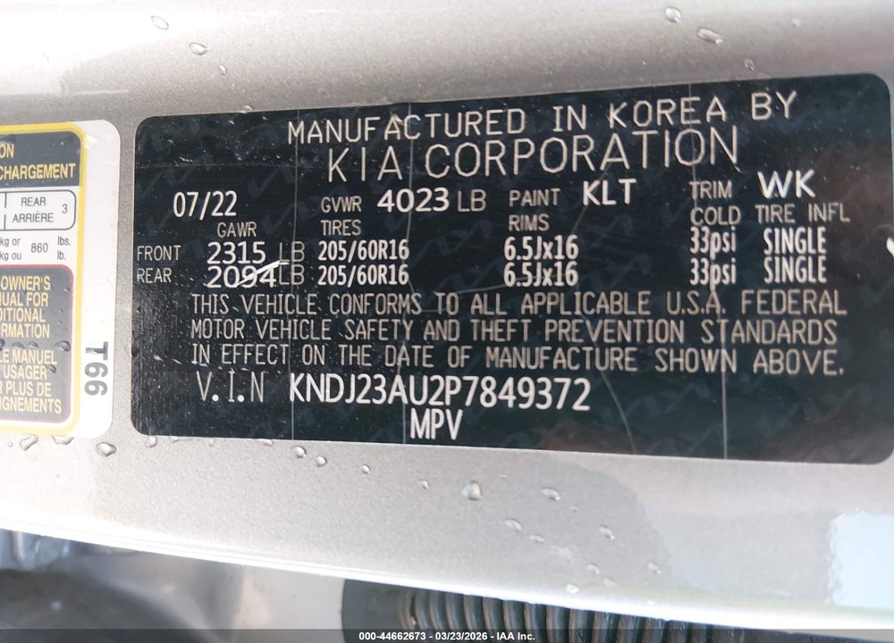 2023 KIA SOUL LX VIN: KNDJ23AU2P7849372