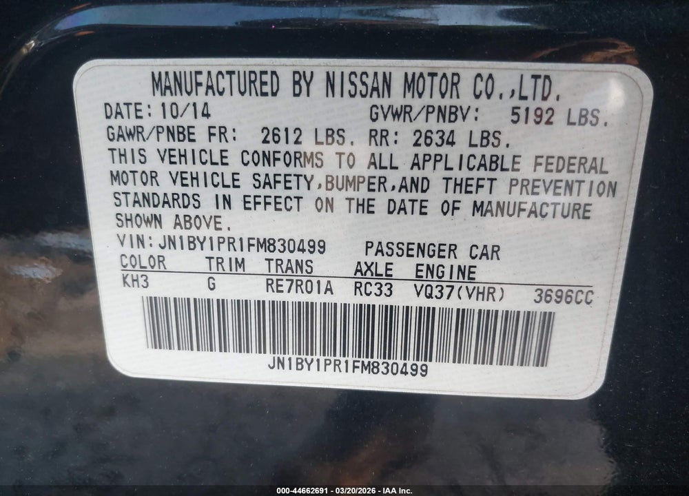2015 INFINITI Q70L 3.7X VIN: JN1BY1PR1FM830499