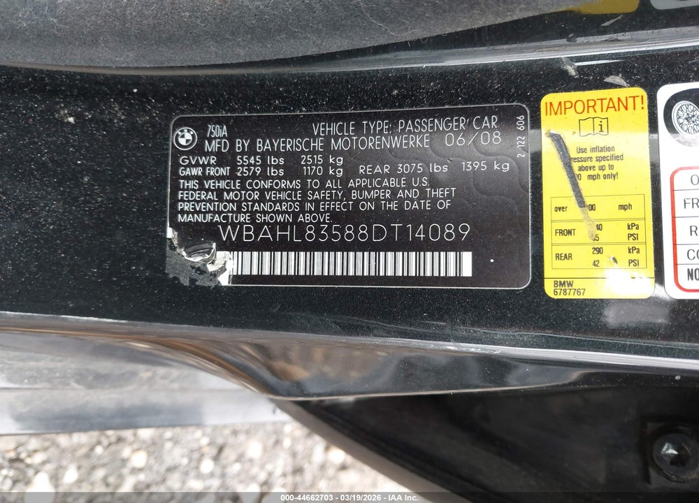 2008 BMW 750I VIN: WBAHL83588DT14089